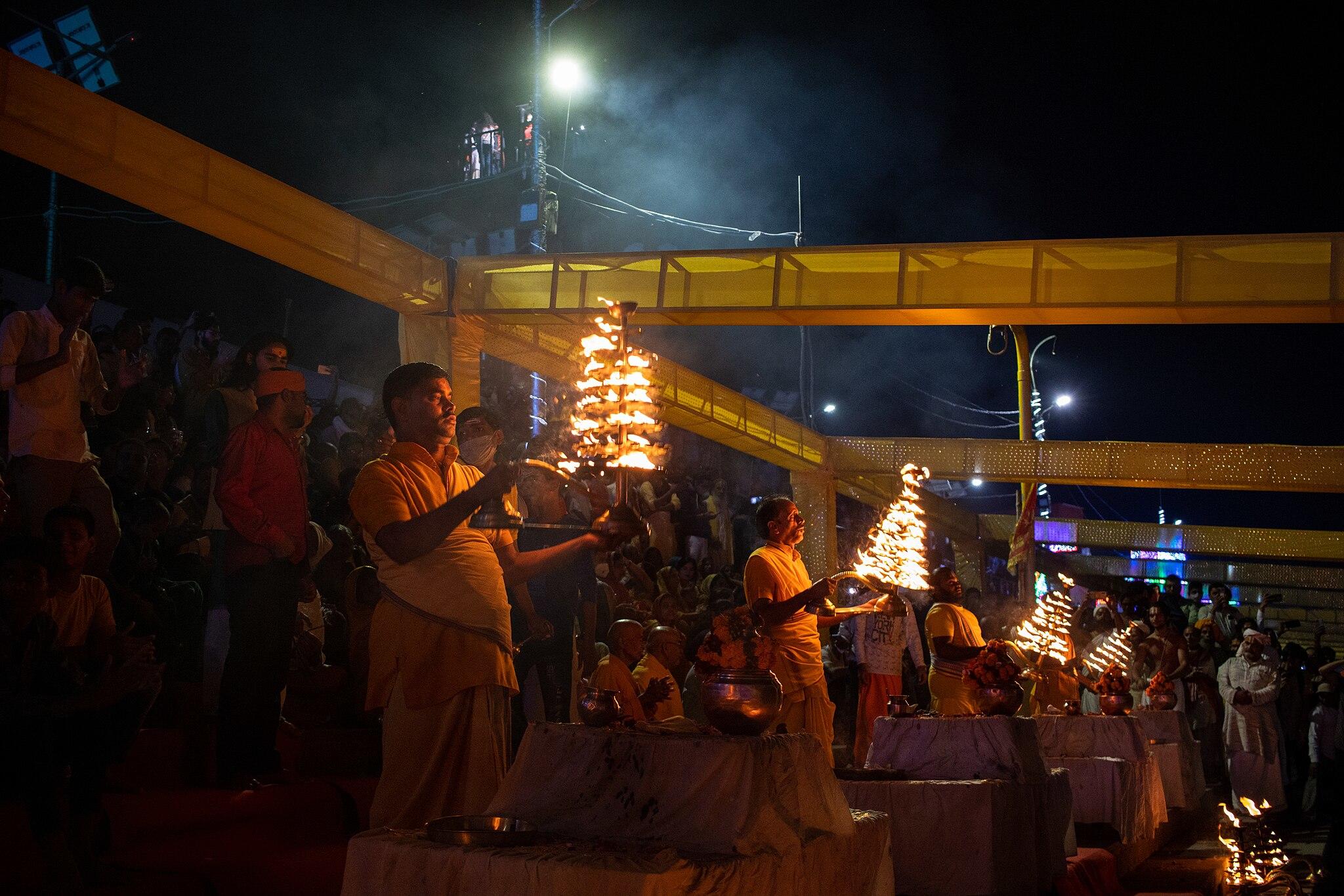 Pandits performing Arti on the banks on Saryuu River in Ayodhya.