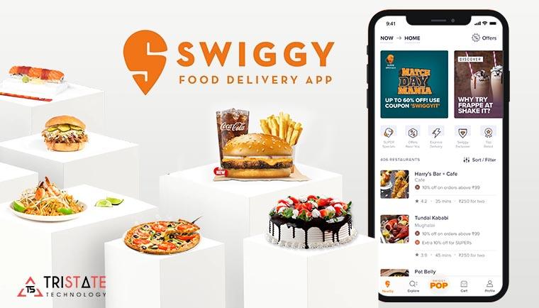 Swiggy logo, food items and phone