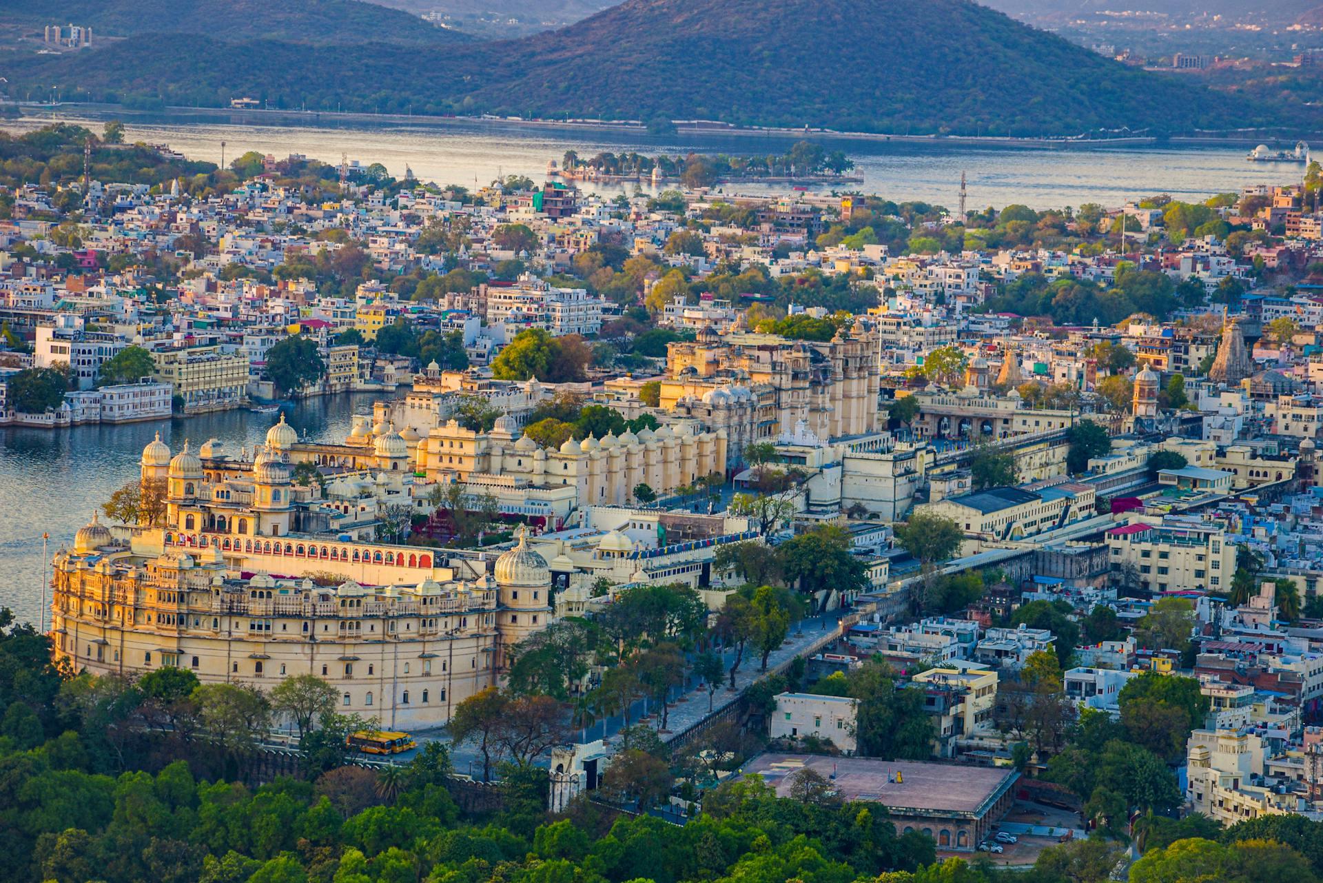 An aerial view of the City Palace and surrounding buildings in Udaipur