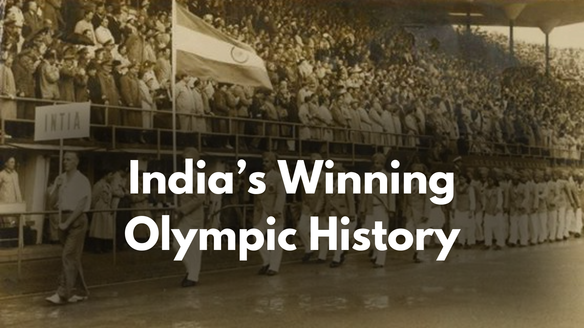 A sepia-toned photograph of Indian athletes parading before the 1952 Helsinki Olympics