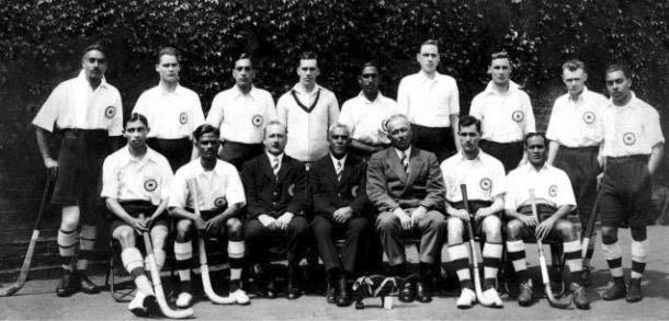 A black and white photograph of Team India in 1928.