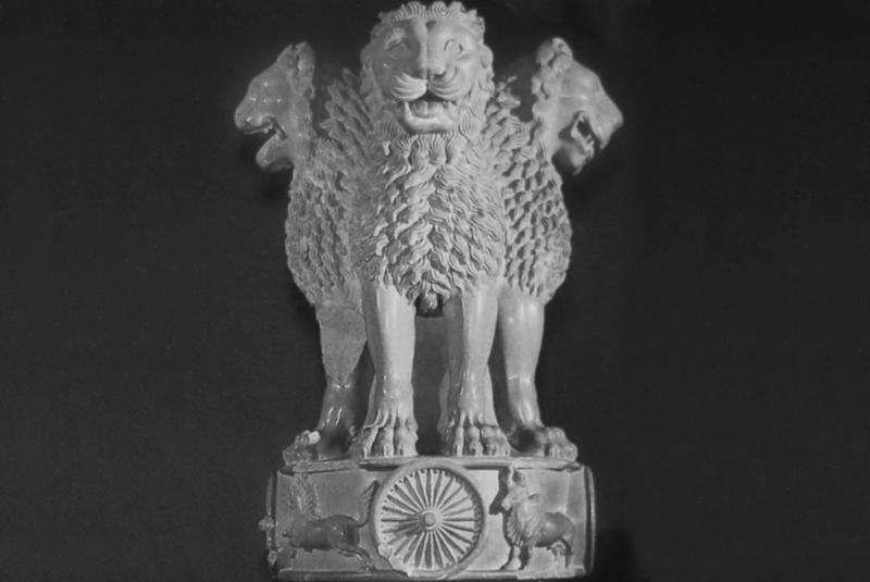 black and white image of Ashokan lion capital