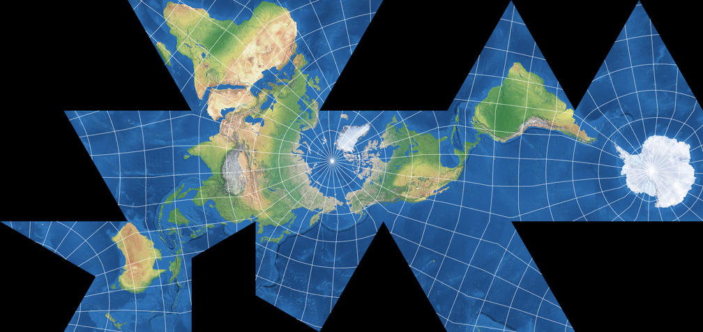 Physical map of the world in the Fuller projection or Dymaxion map