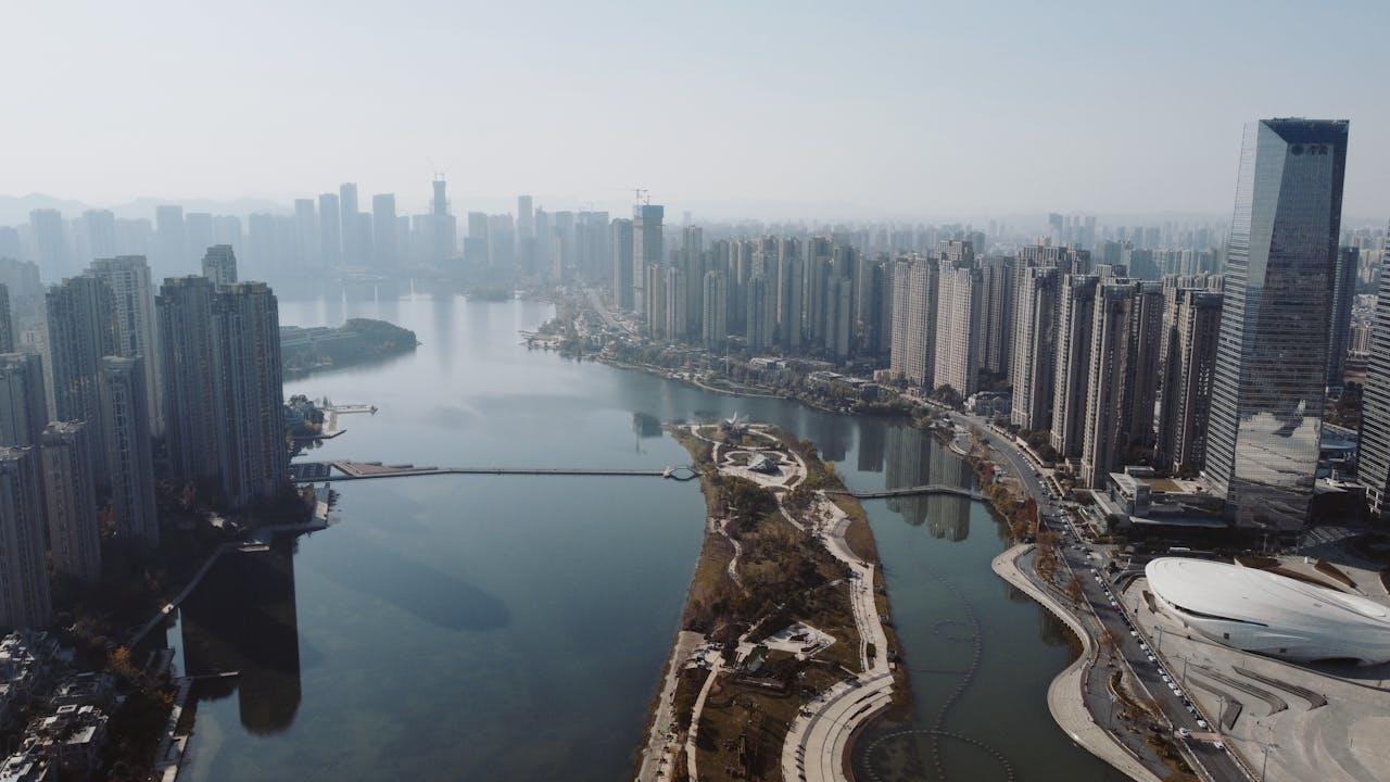 A bird's eye view of the Yangtze flowing through the metropolis of Shanghai