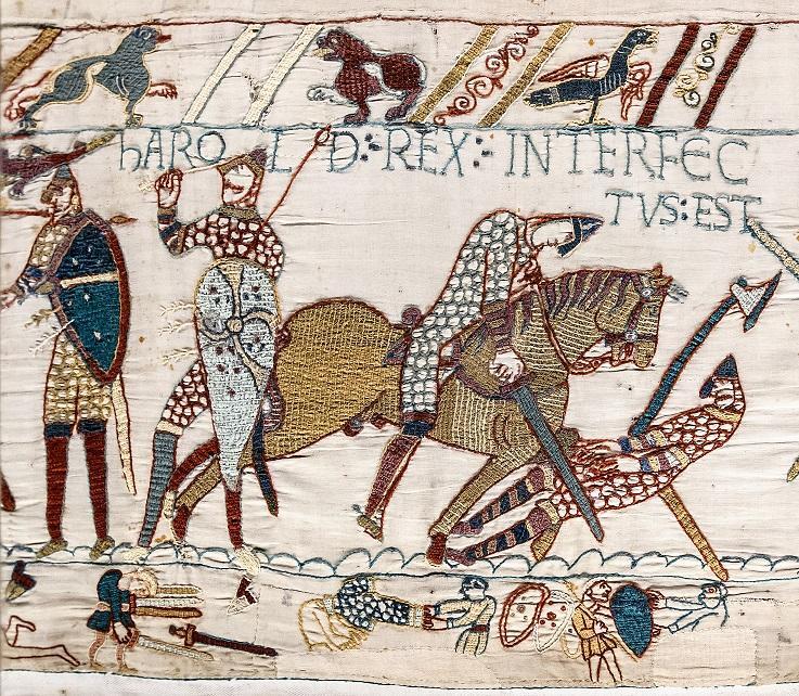 A tableau of King Harold's death in battle on the Bayeux Tapestry