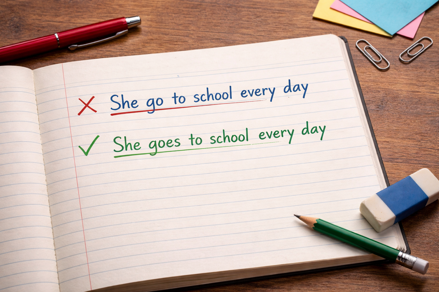 Un quaderno aperto con un errore in inglese sottolineato in rosso.