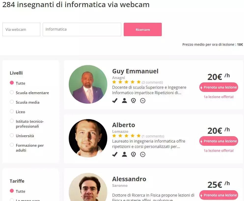 Su Superprof è possibile vedere anche il prezzo medio praticato dagli insegnanti di informatica, sia per i corsi vicino a casa, sia per le lezioni tenute da remoto, grazie alla webcam.