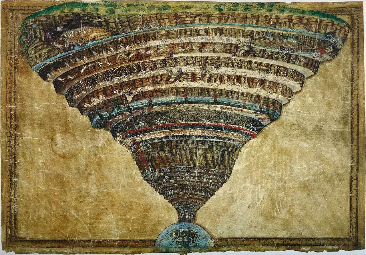 Botticelli ha dato visione grafica all'Inferno così come viene descritto da Dante Alighieri.