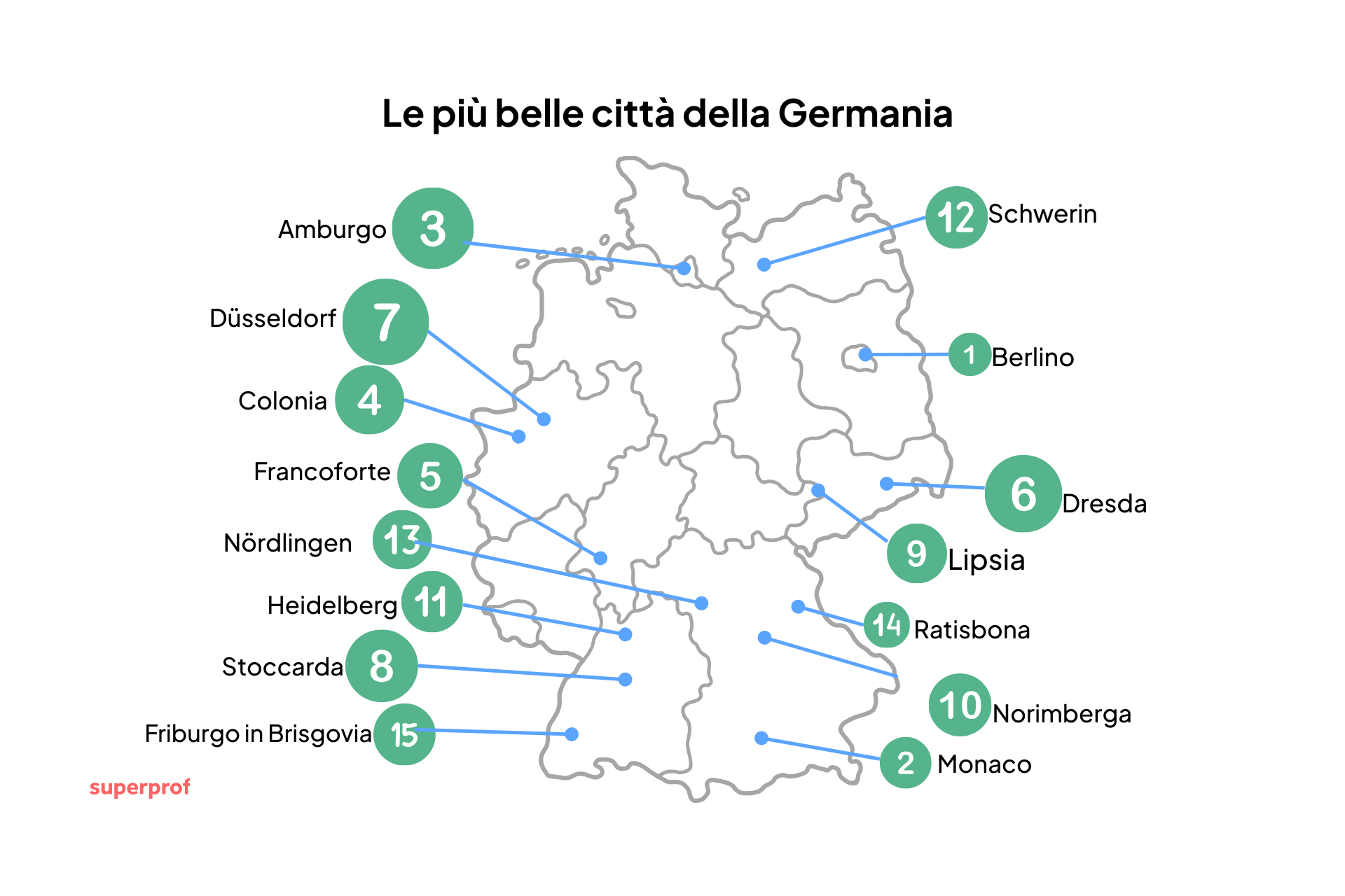 Cartina con le città più belle della Germania.