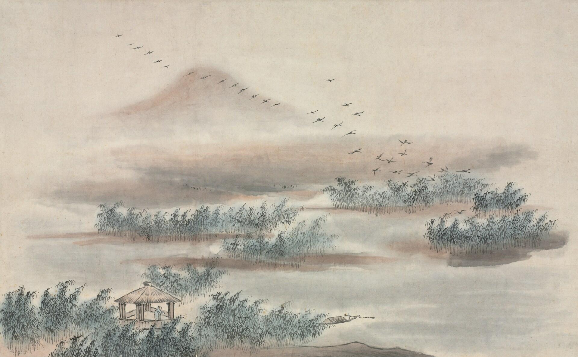 Quadro cinese tradizionale rappresentante un paesaggio acquatico.