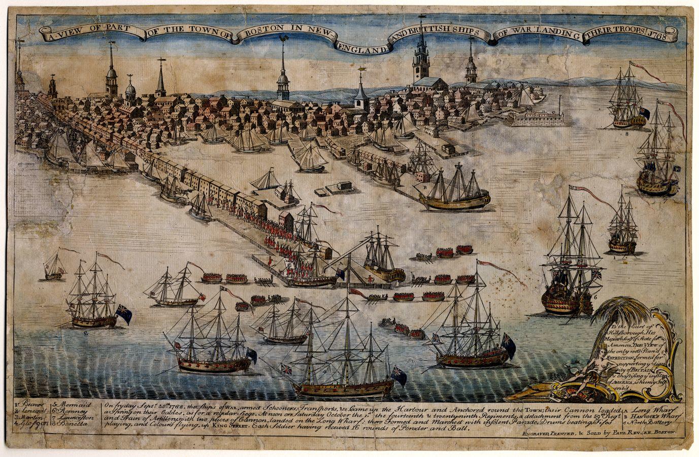 L'interpretazione di Paul Revere delle navi britanniche che entrano nel porto di Boston.