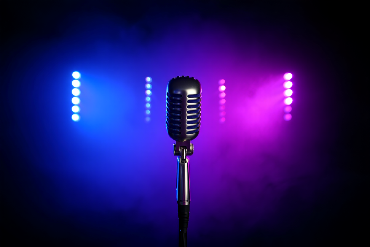 Un microfono illuminato da luci fredde. 