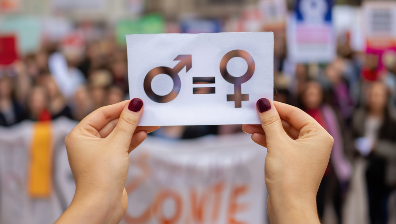 Mani che tengono un cartello con i simboli dei due generi durante una manifestazione per i diritti delle donne.