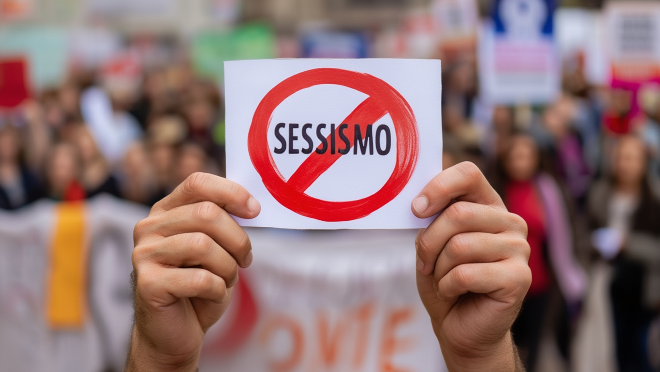 Mani tengono un cartello contro il sessismo.