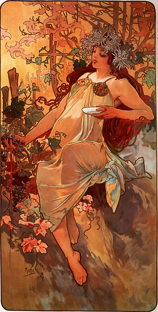 Autunno di Alphonse Mucha – figura femminile decorativa tra fiori e foglie.