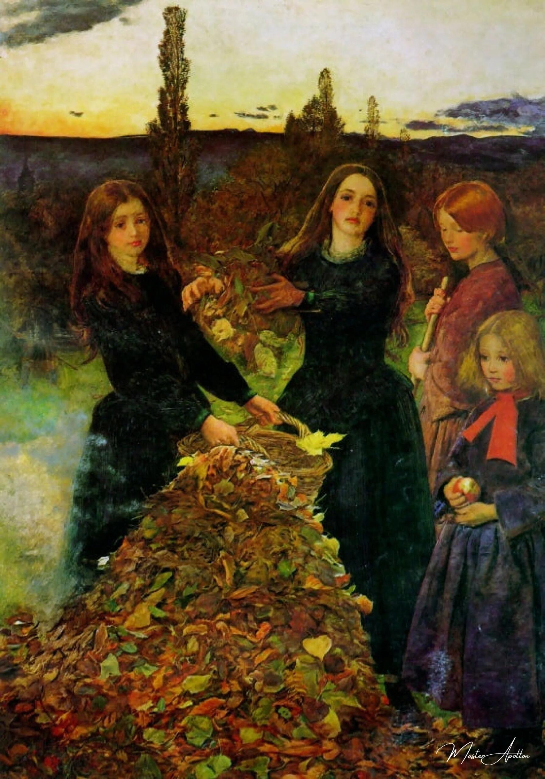 Foglie d’autunno di Millais – ragazze raccolgono foglie in un giardino autunnale