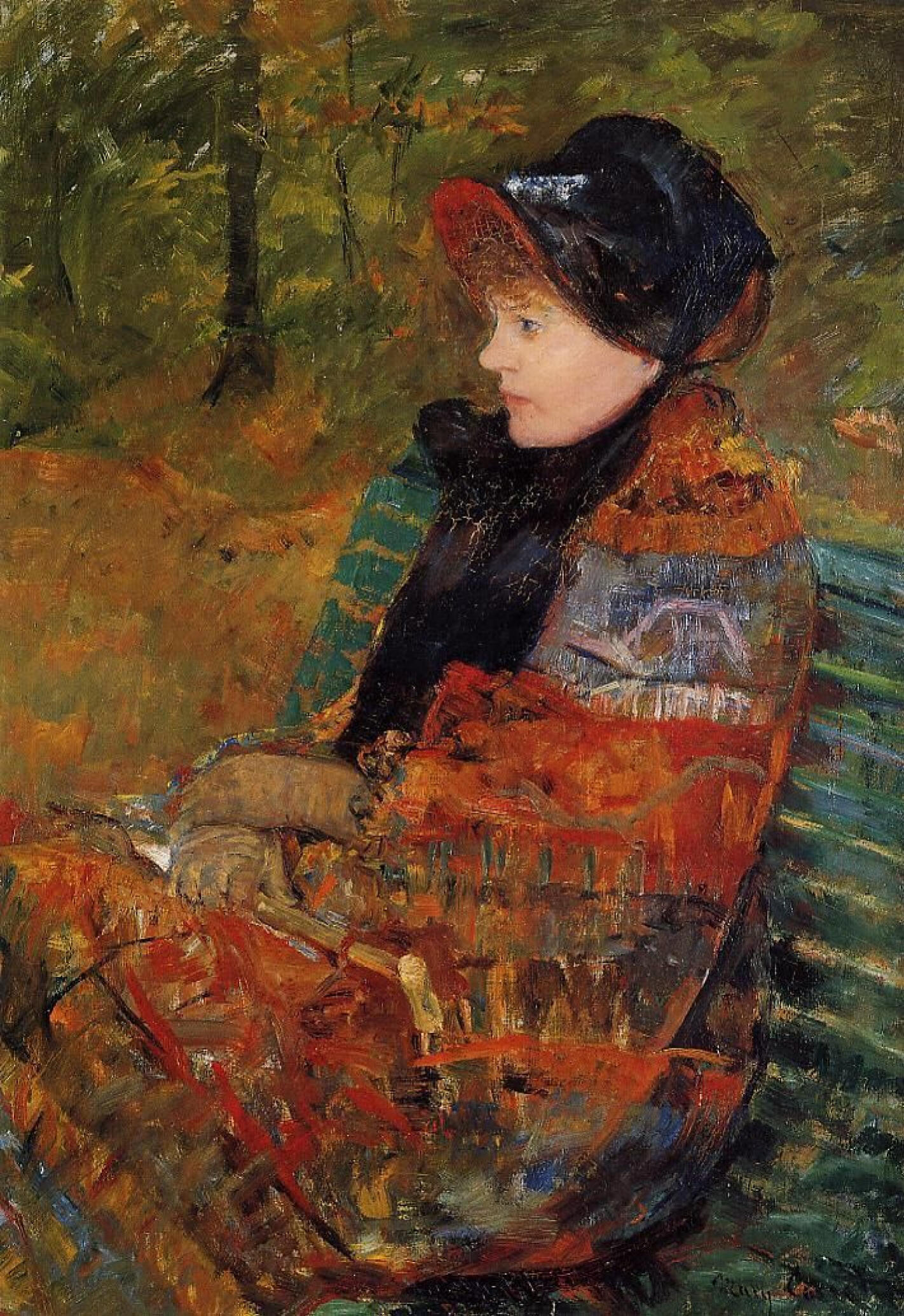 Autunno di Mary Cassatt – figura femminile seduta in un parco autunnale.
