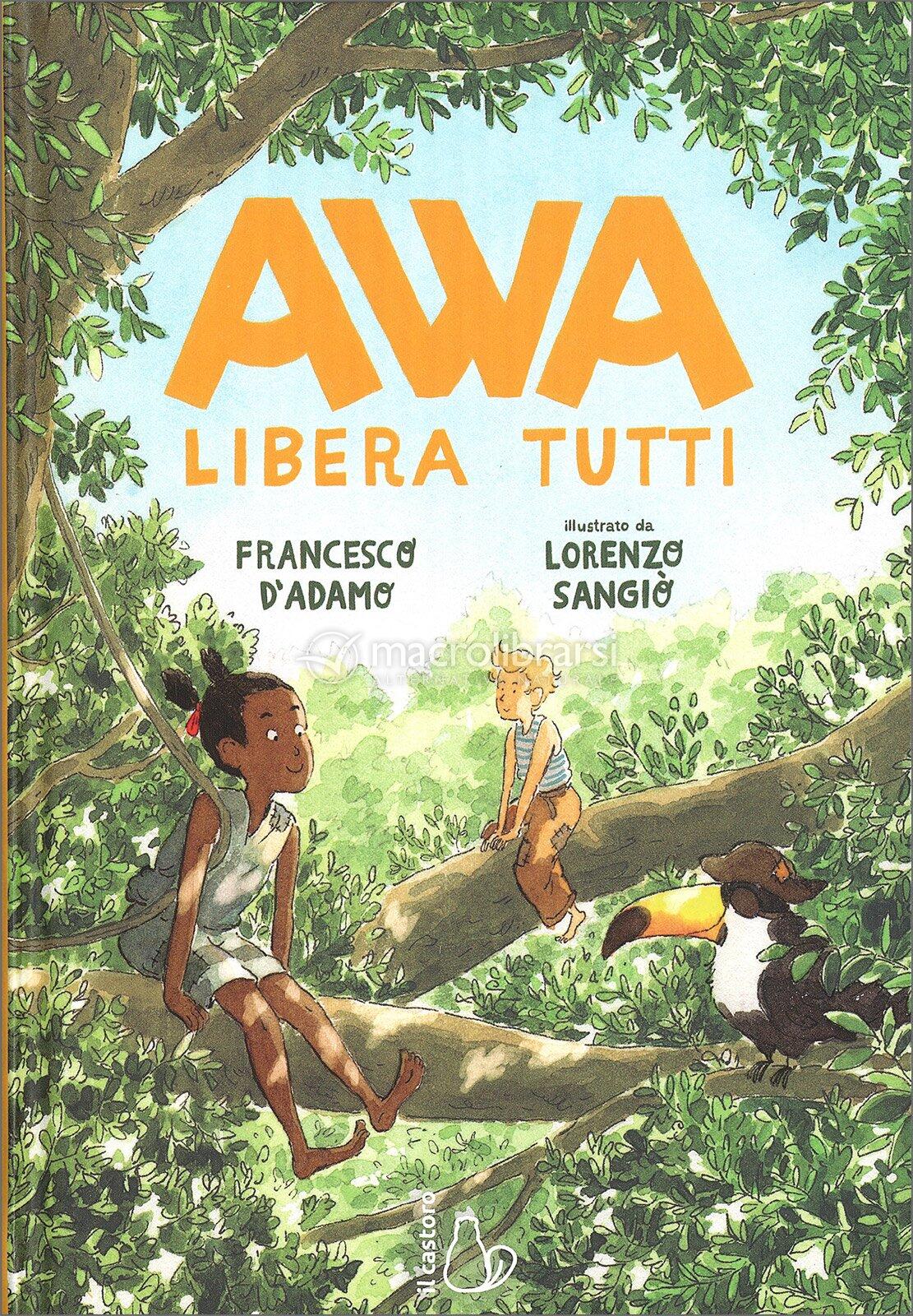 copertina dl libro Awa libera tutti che raffigura due bambini tra i rami di un albero.