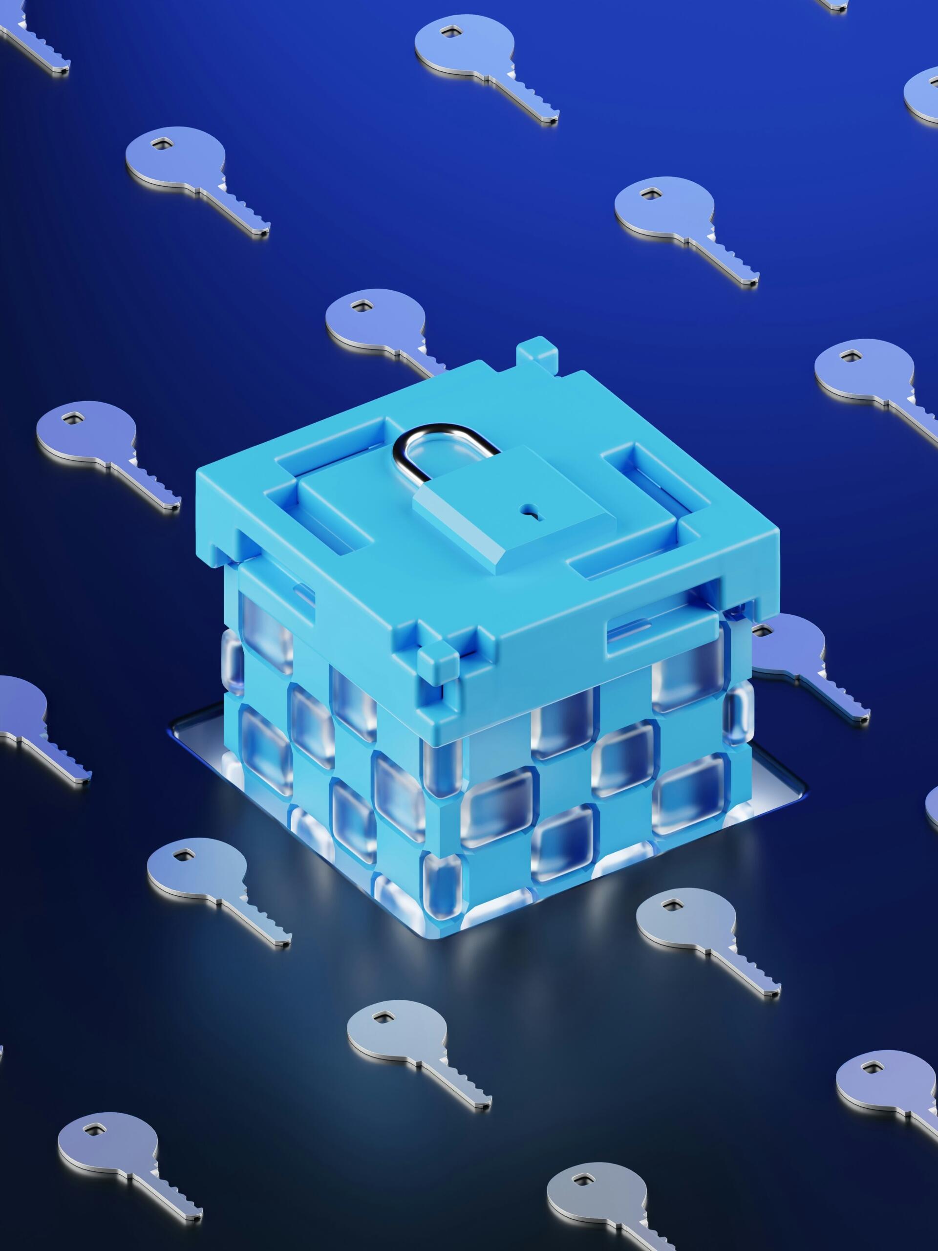 cubo azzurro chiuso circondato da chiavi