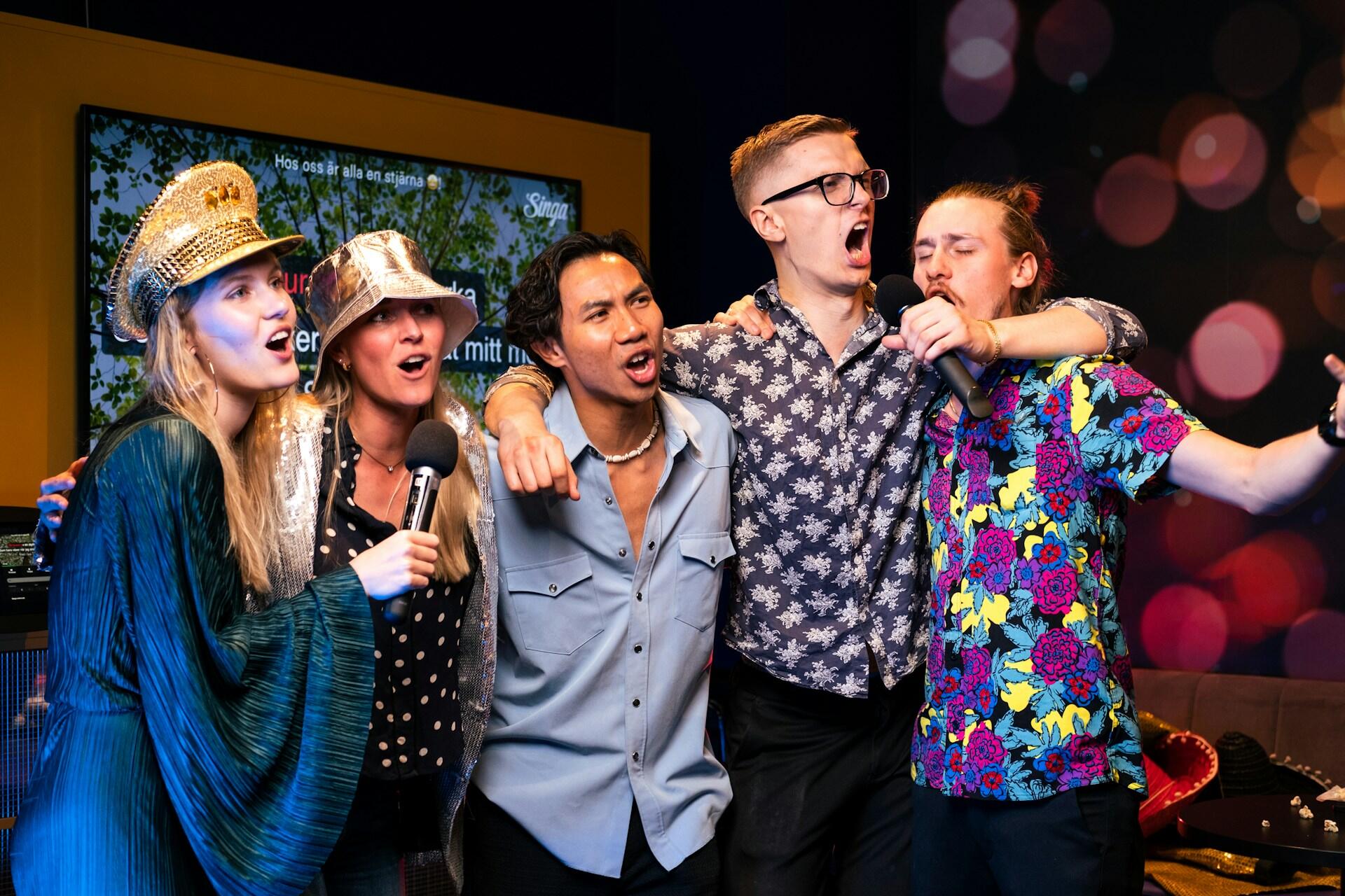 Un gruppo di amici si diverte in una serata karaoke.