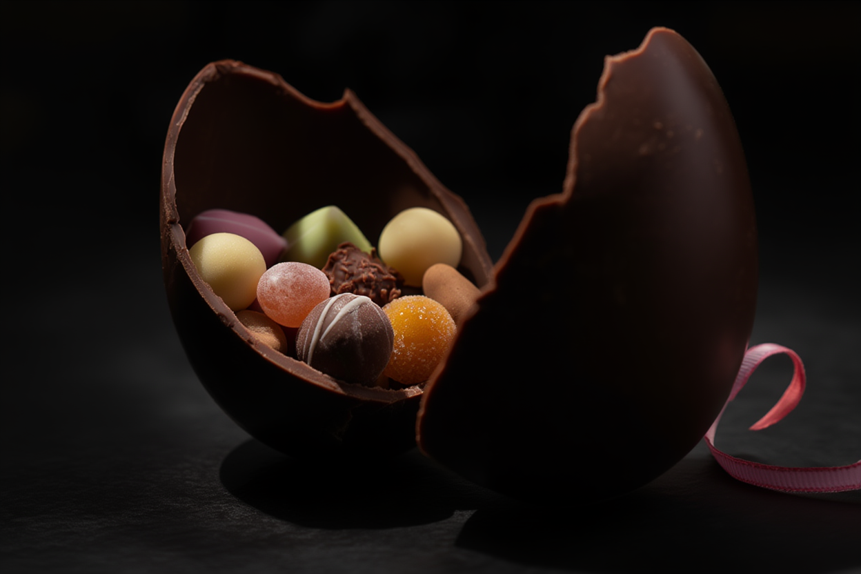 Uovo di Pasqua con caramelle e cioccolatini.