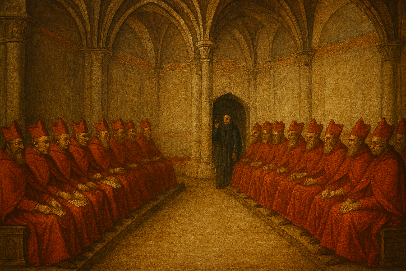 Immagine con stile medievale rappresentate un conclave.