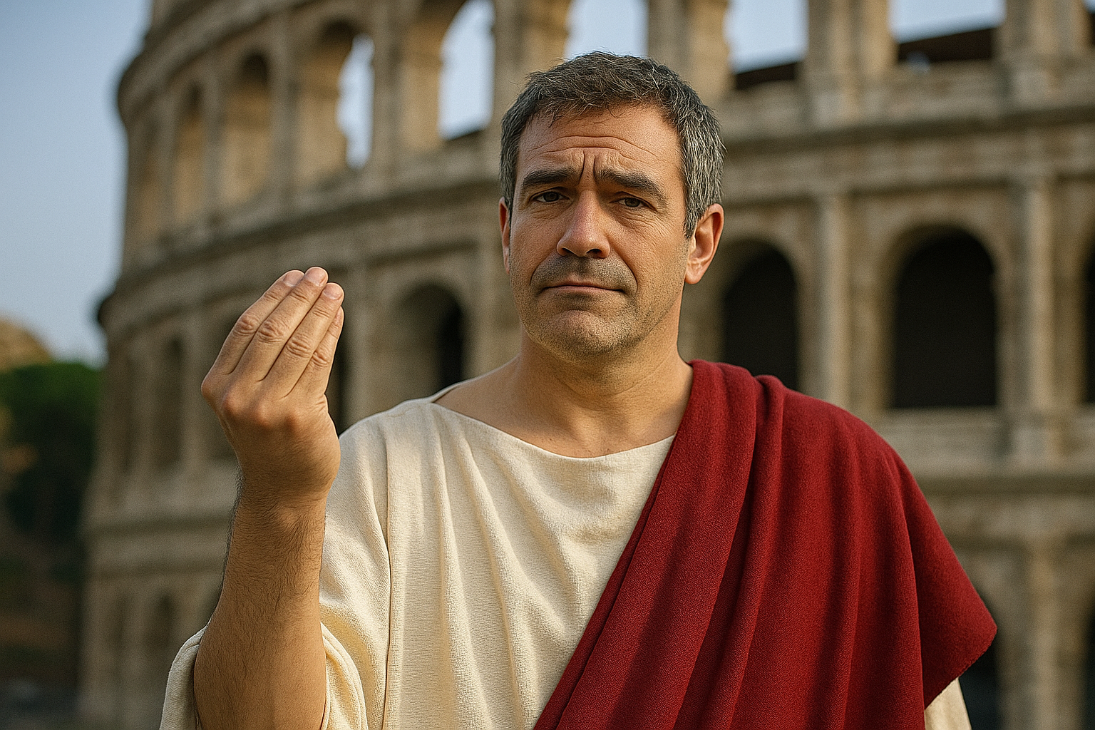 Un uomo della Roma antica esegue il tipico gesto italiano del "macché" con la mano.
