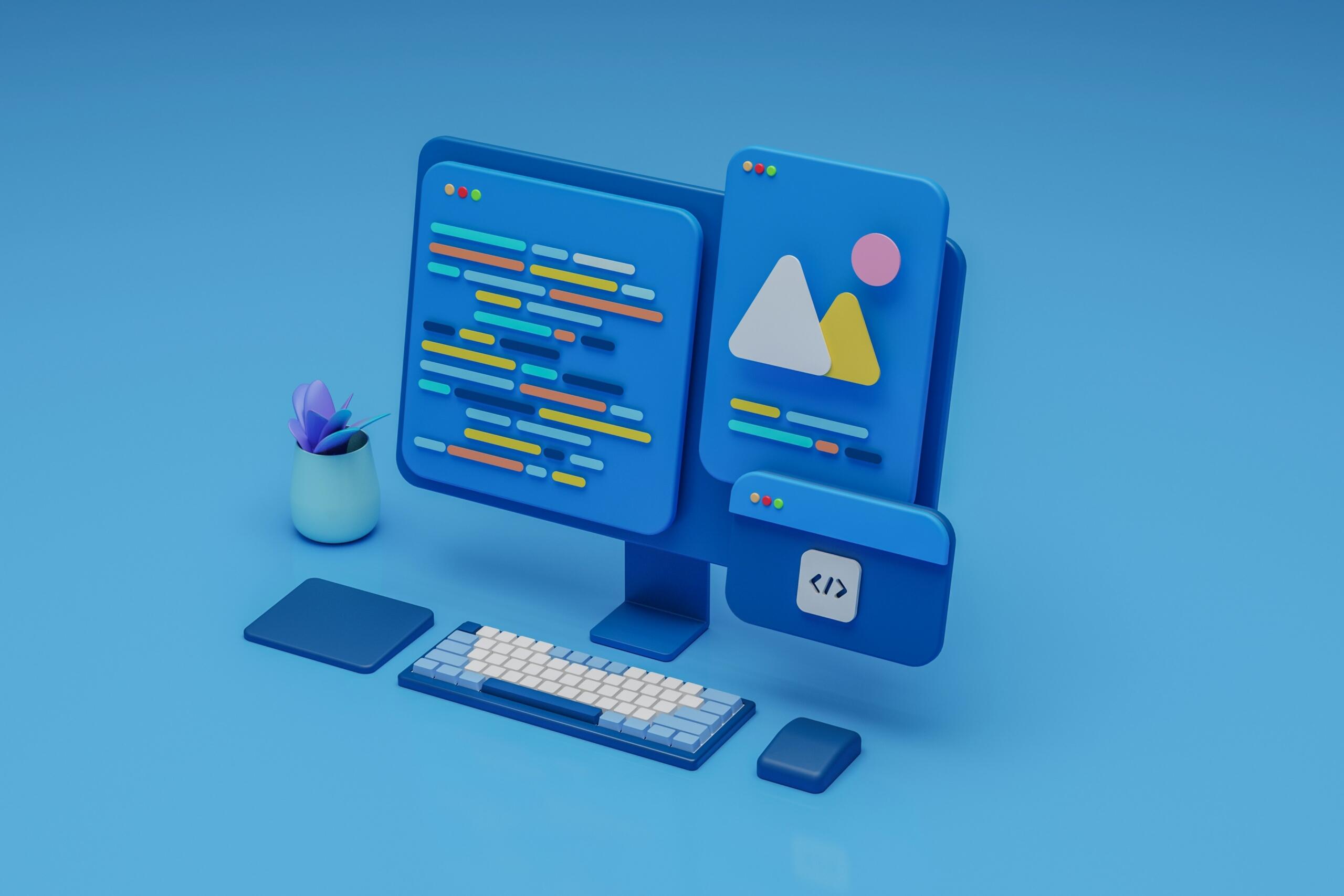 Illustrazione digitale di un pc su sfondo blu.