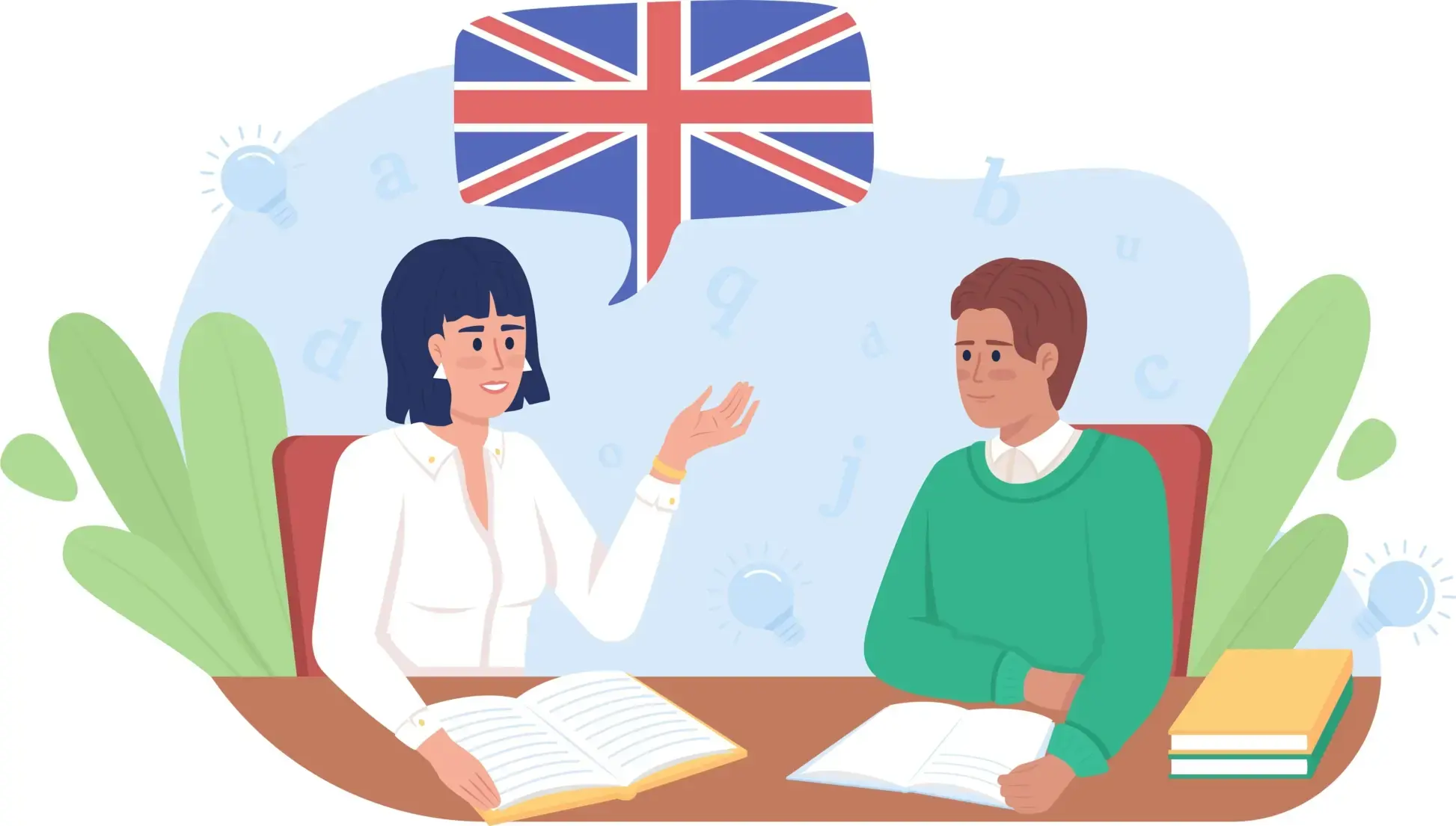 Illustrazione con due persone che parlano in inglese.