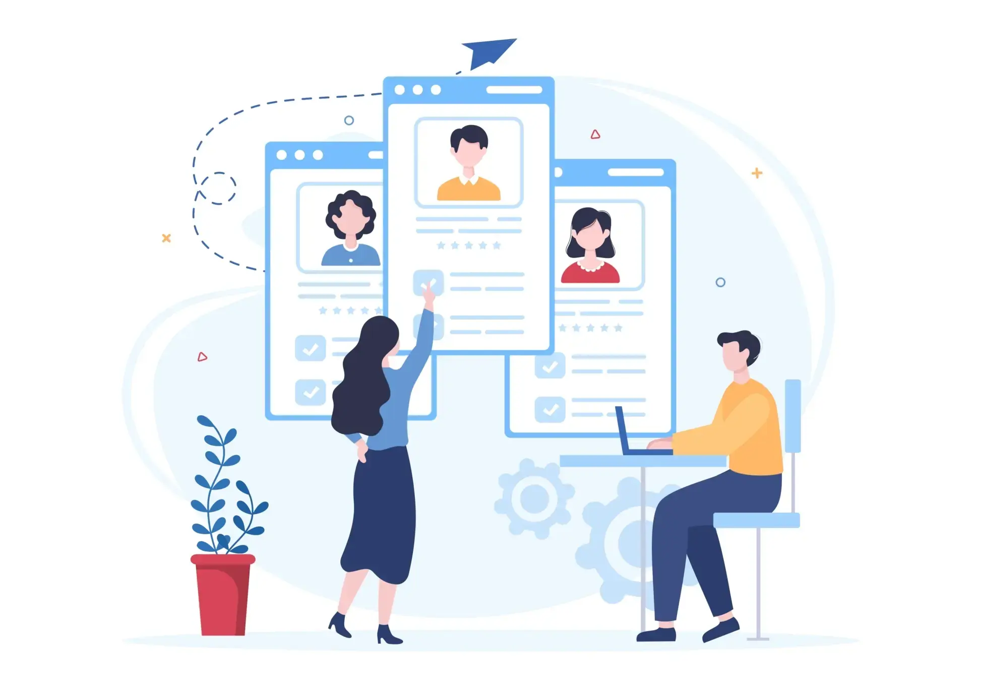 Un’illustrazione mostra una donna che valuta i profili dei candidati mentre un uomo lavora al computer portatile, circondato da icone di piante e ingranaggi in un ambiente moderno e digitale.