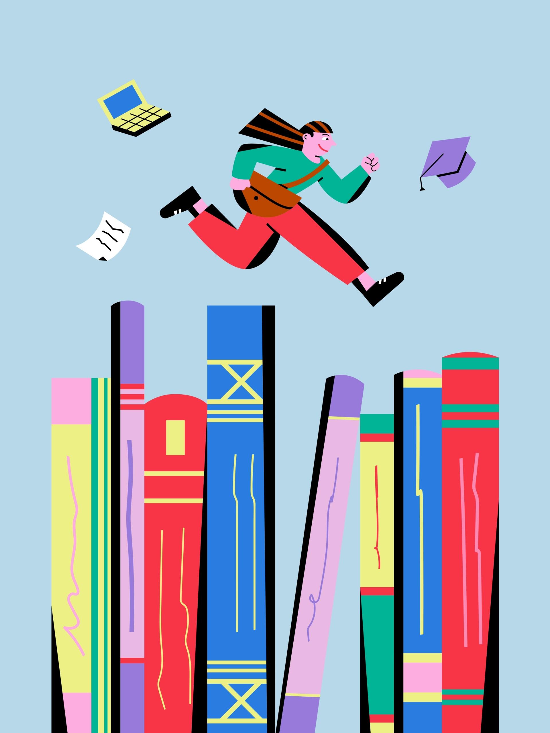 Un'illustrazione di una ragazza che salta sopra dei libri giganti.