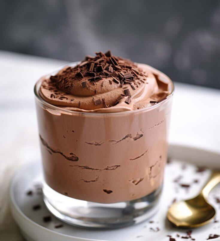 Bicchiere contenente una mousse al cioccolato semplice da preparare.
