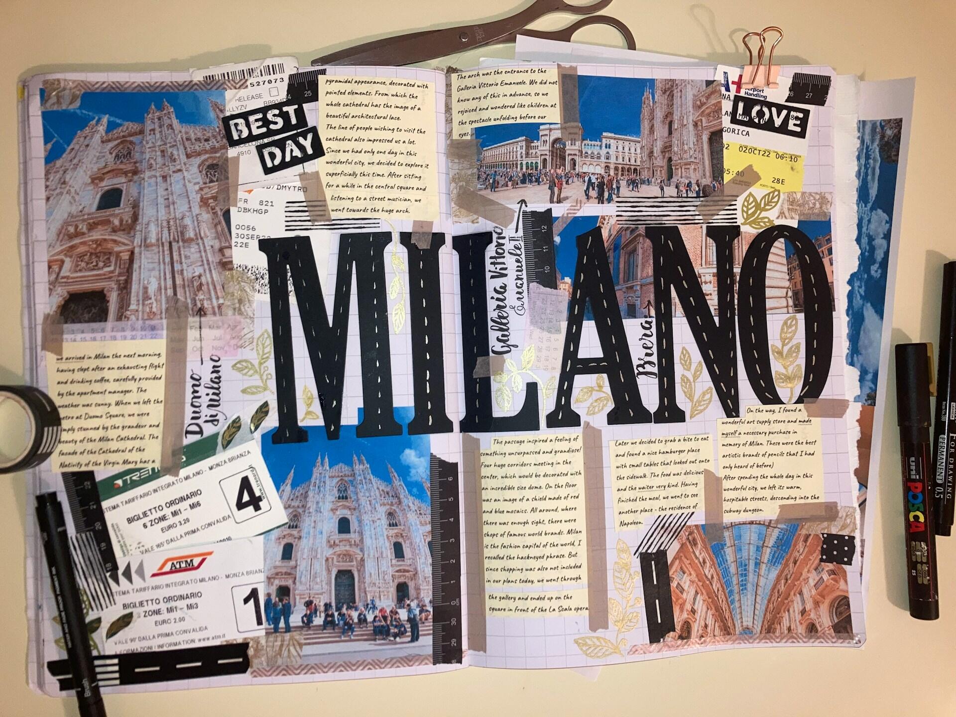 Un diario di viaggio di Milano con fotografie, testi e biglietti del treno. 