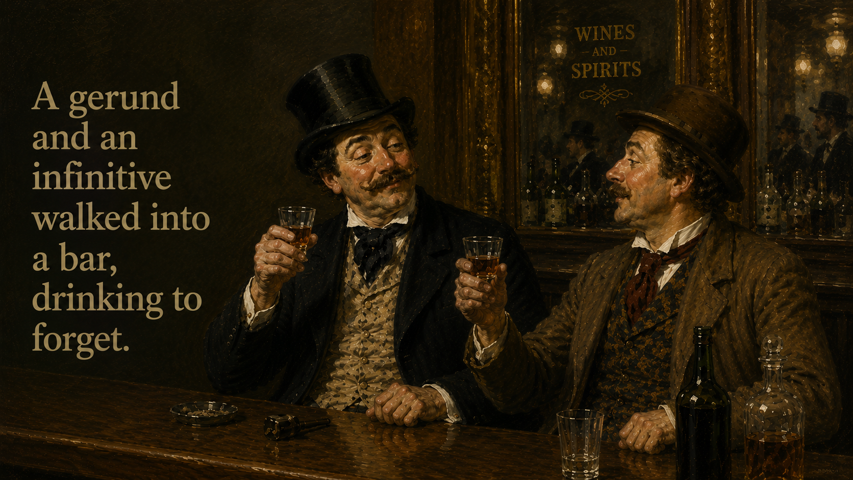 Un quadro di due gentlemen britannici con una battuta sui tempo verbali in sovrimpressione.