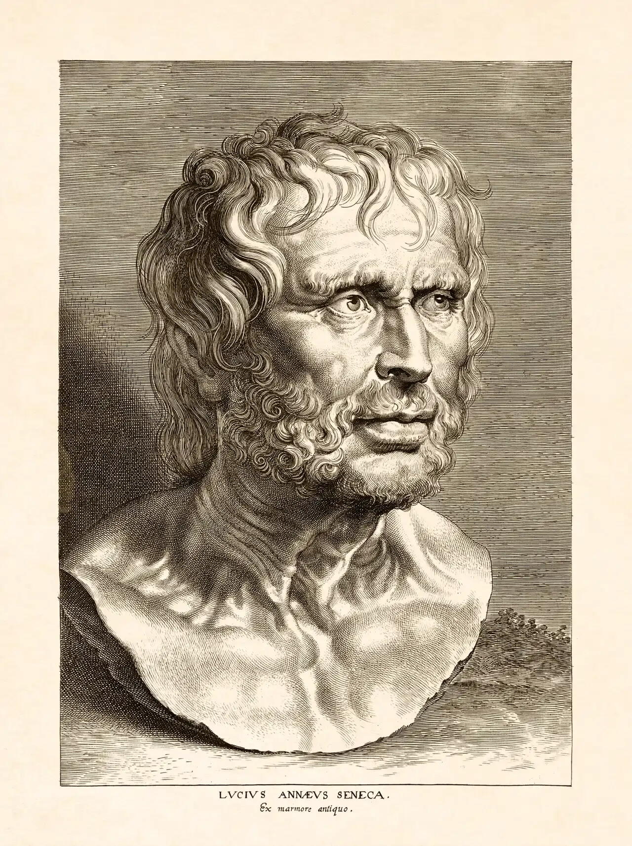 Gravure del Busto del filosofo Seneca.