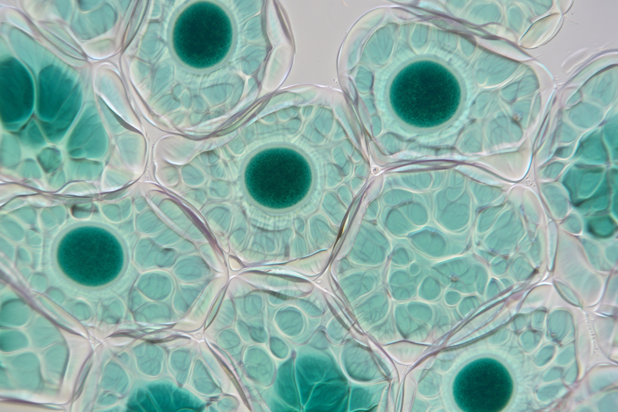 Immagine dal microscopio di cellule vegetali e animali.