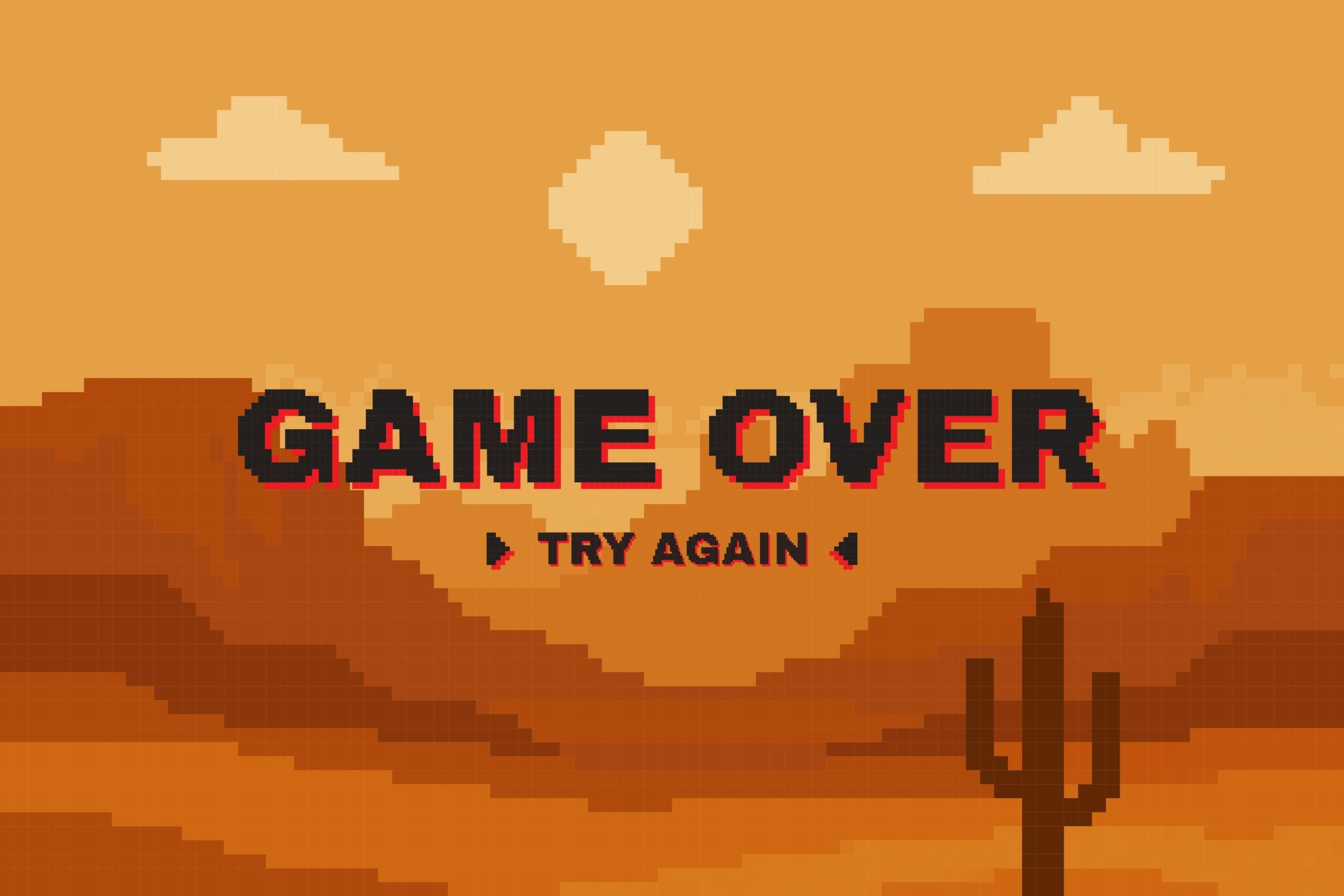 Una schermata di un videogioco in bassa definizione con la scritta "Game Over, try again".