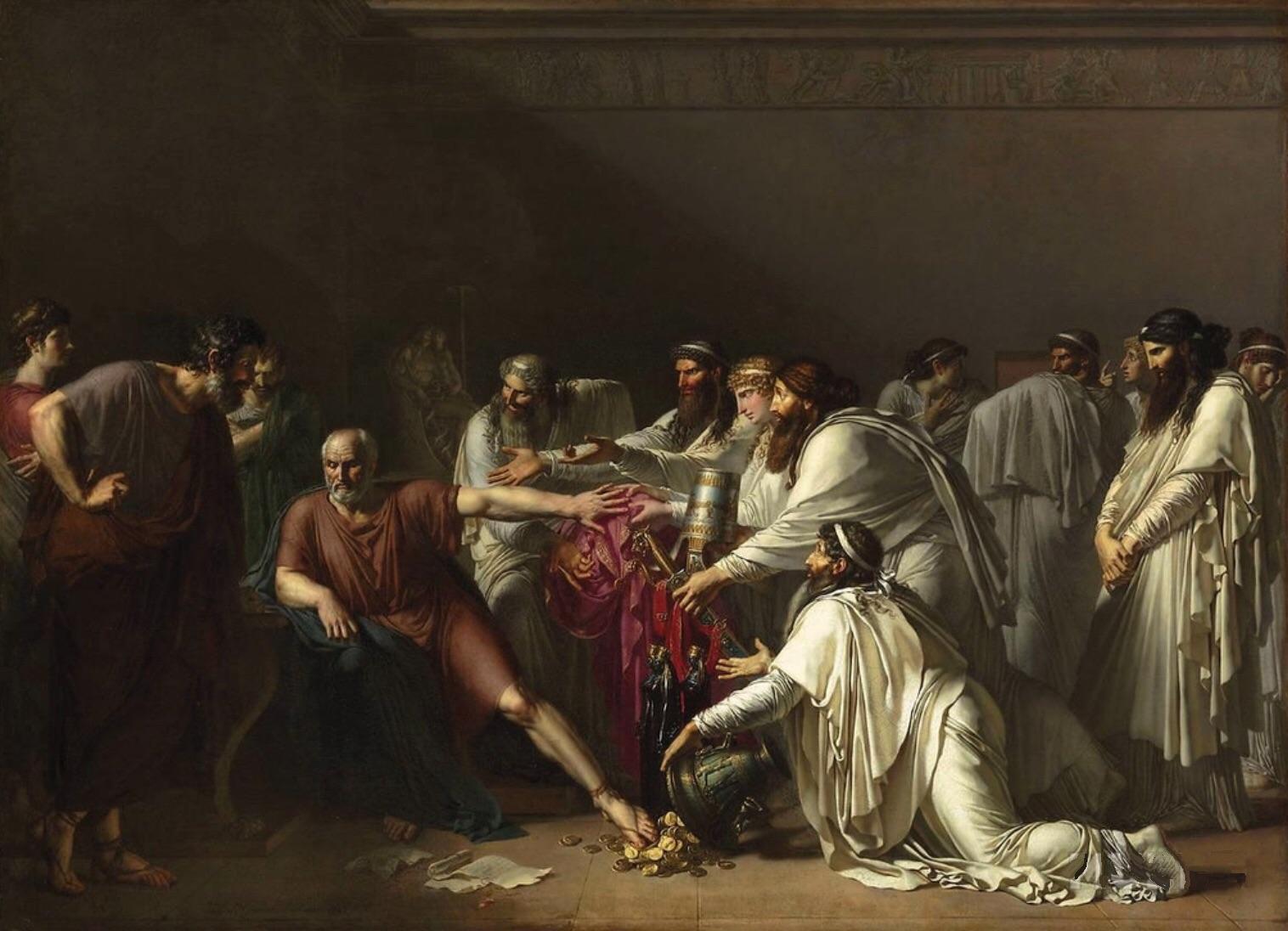 Una scena dipinta in cui il filoso Ippocrate, poco attaccato ai beni terreni, rifiuta dei doni.