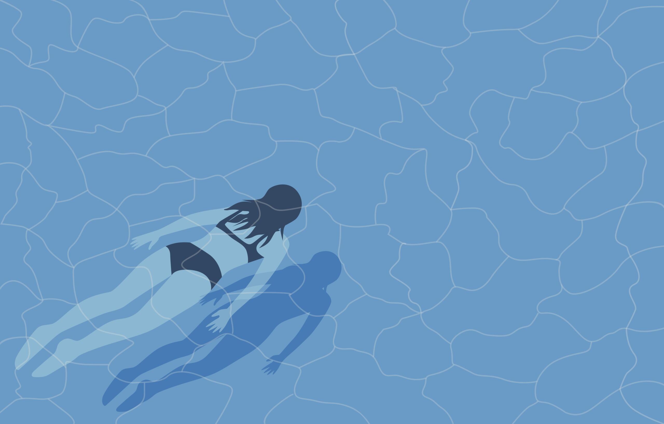 Illustrazione colorata di una ragazza che nuota in una piscina.