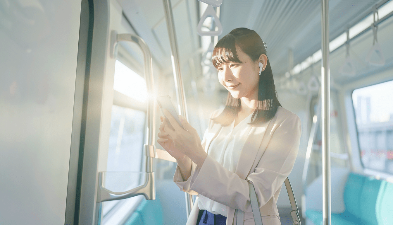 通勤電車でスマホの英語アプリを使う女性