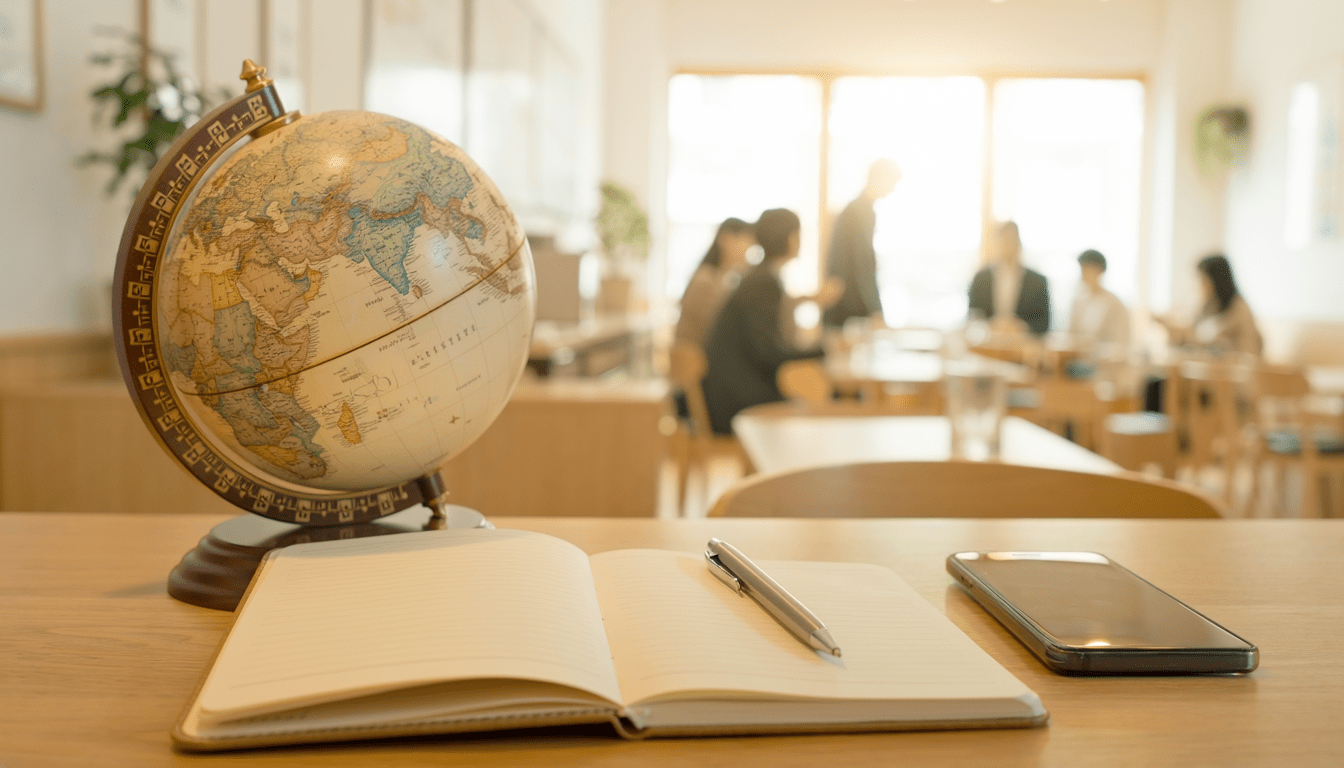 世界共通語の英語を学ぶ机と地球儀