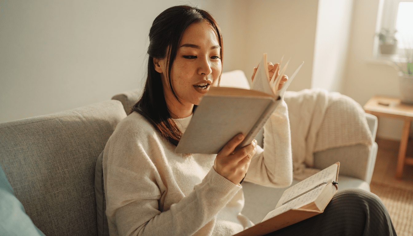 英語の上達方法として本を音読する女性