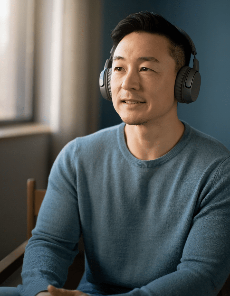 ヘッドホンで英語の音声を聞く男性