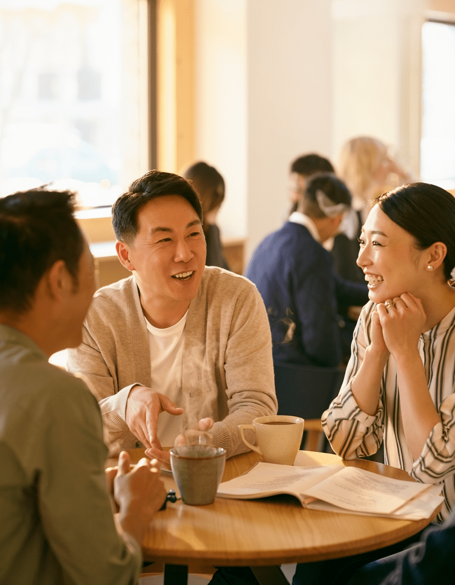 カフェのテーブルで英語の会話を楽しむ男女