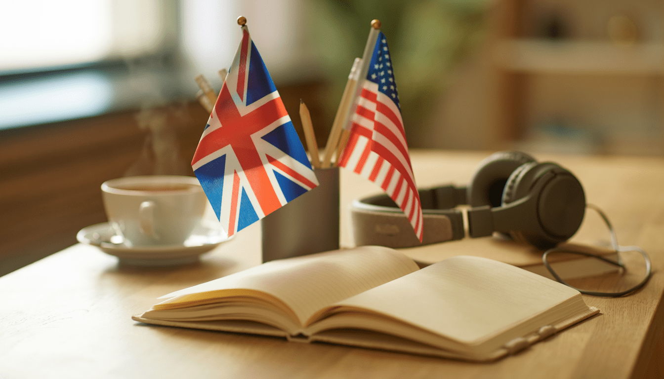 イギリス英語とアメリカ英語を学ぶ机と両国の国旗