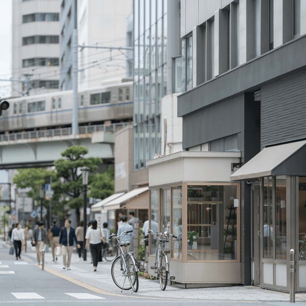 商店と電車が共存する日本の街並み