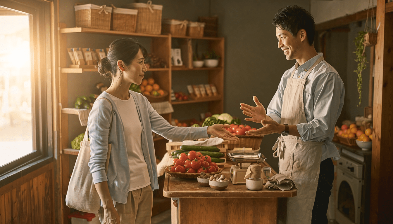 個人商店で店主と会話する客、ミクロ経済の場面