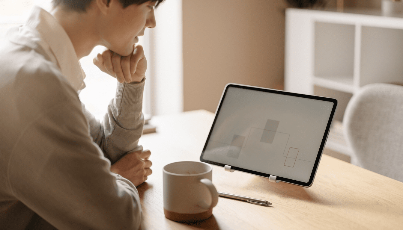 タブレットでグラフを見て考える男性。