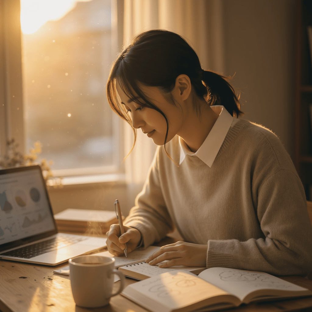 夕日の差す部屋で経済を学ぶ女性