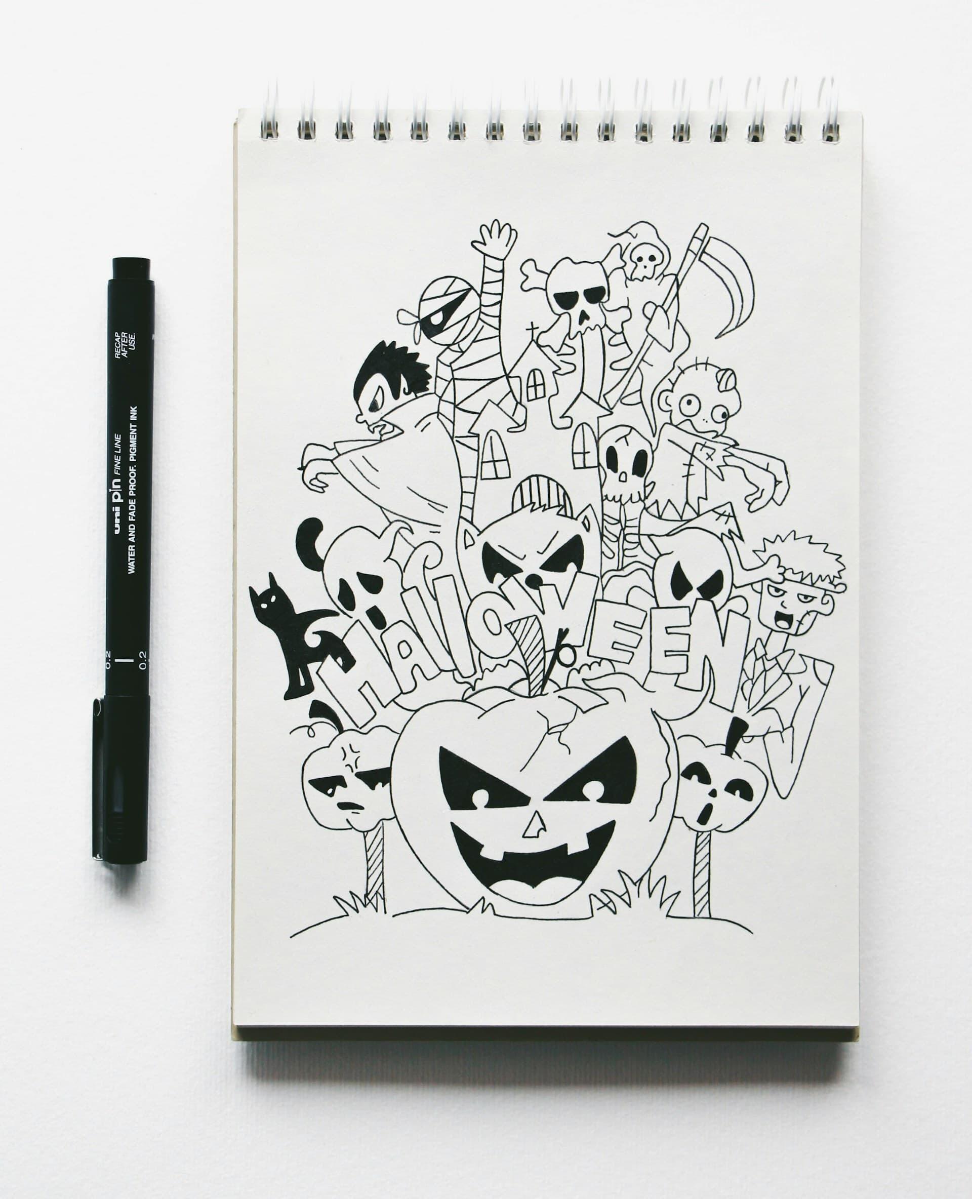 ミリペンで描いたキャラクターの線画スケッチ